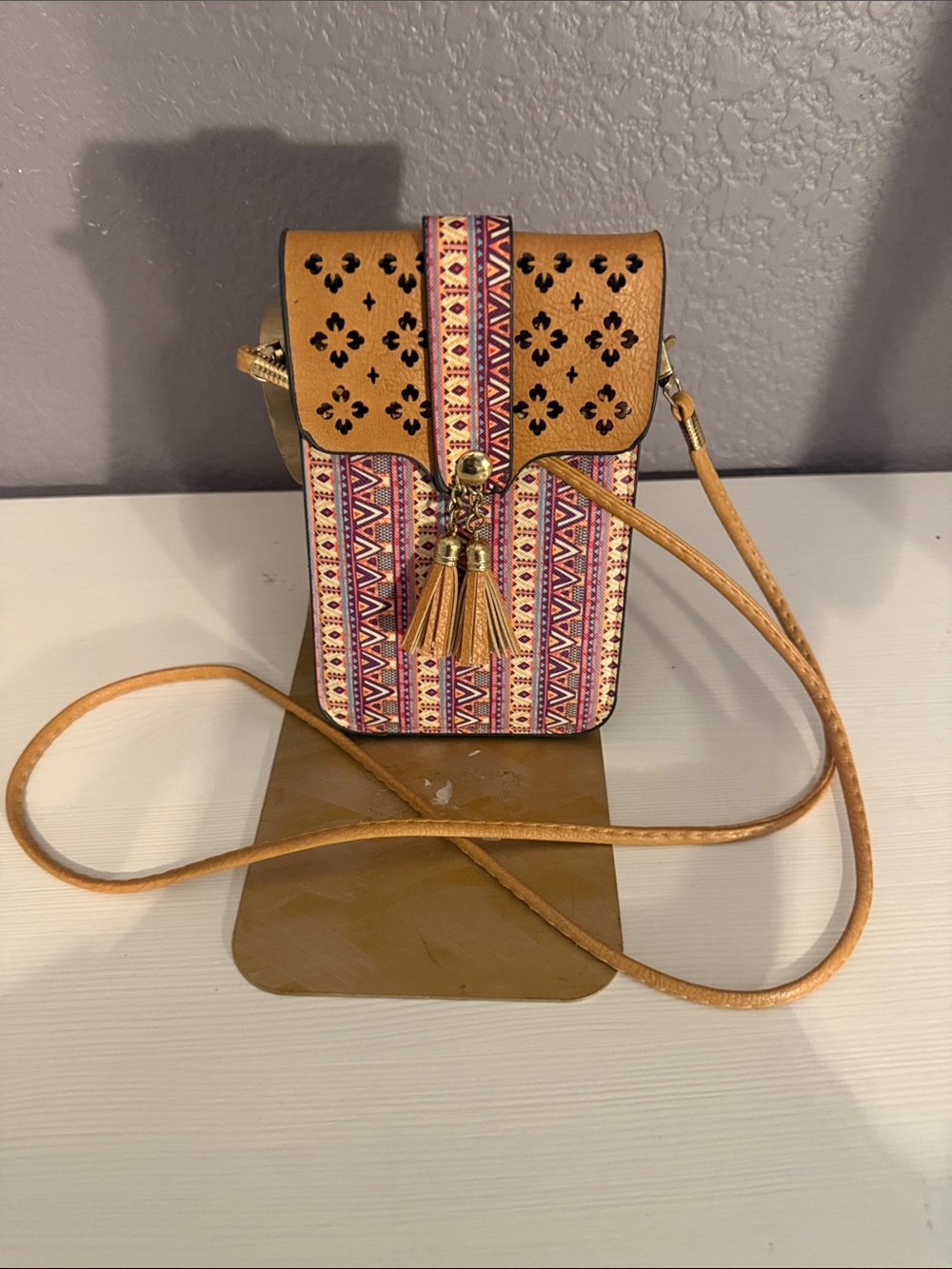 Tan Patterned Boho Crossbody Bag with Tassels